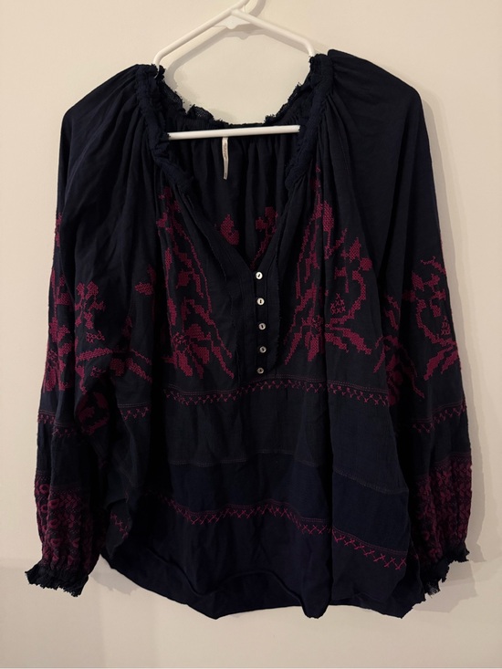 Free People Tops - Free People Persuasion Navy Top Embroidered Mesh Pullover Extra Small boho